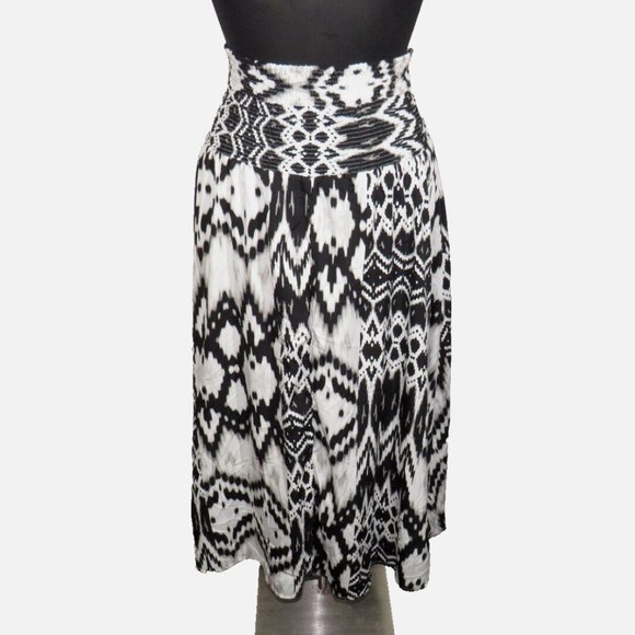 Attention Women's Black White Abstract Print Smocked Waist Midi Skirt Size Large - Picture 5 of 8
